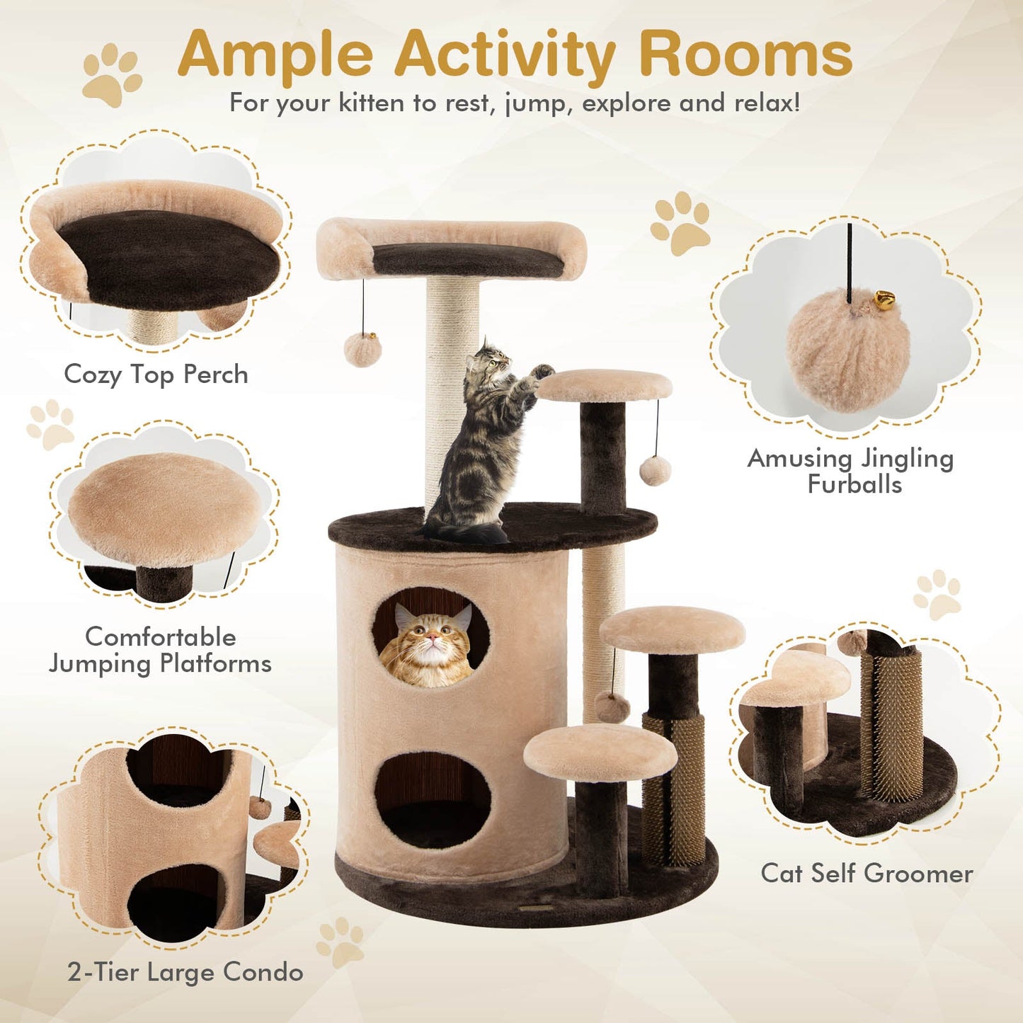 6-Tier Cat Tree Tower W/ Scratching Posts, Cat Self Groomer, 2-Tier Cat-Hole Condo W/ Bamboo, 40" Cat Climbing Stand for Rest & Fun, Cat Tree Amusement Center Furniture for Kitten & Adult Cat