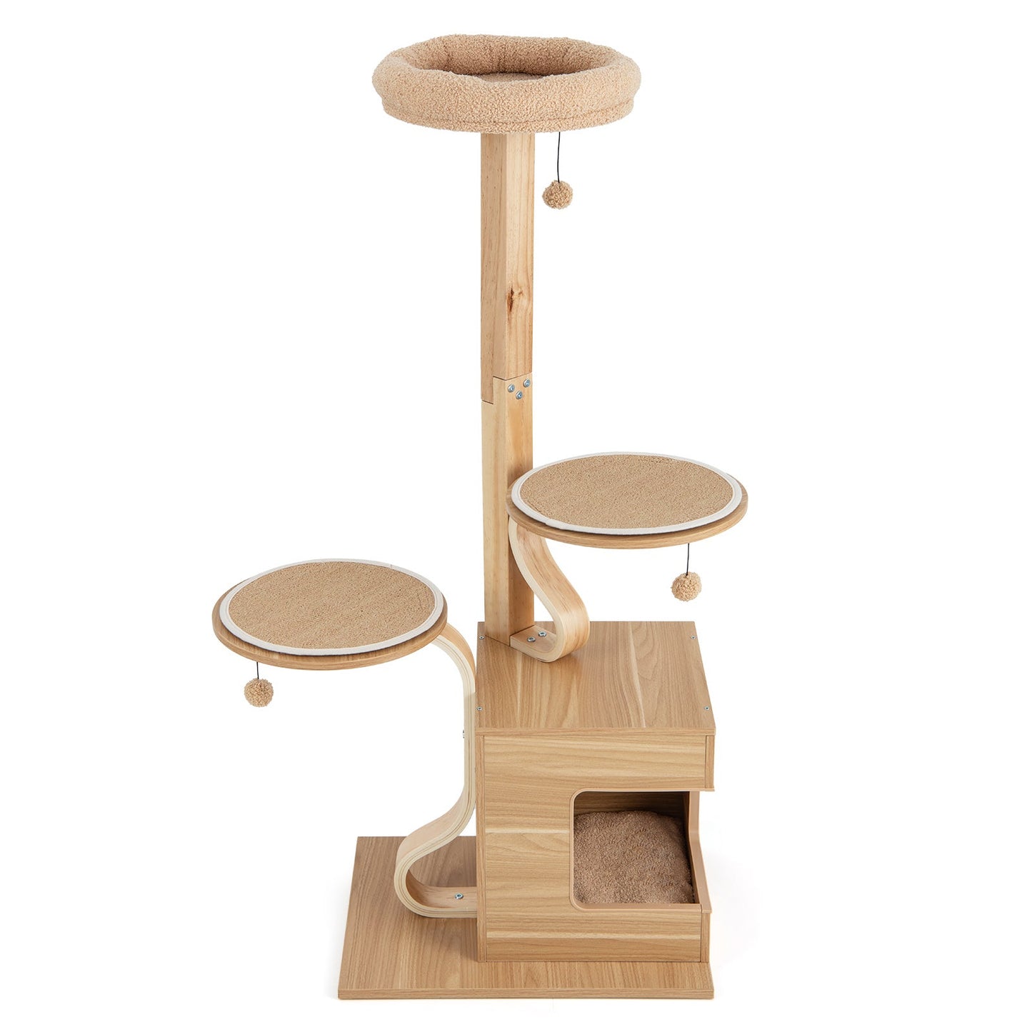 Wooden Cat Tree, 51" Tall Cat Tower w/ Solid Wood Post, Curved Plywood Frame, Cat Condo, Perch, Washable Cushions, 4-Layer Cat Activity Center, Cat Furniture for Indoor Kittens & Adult Cats