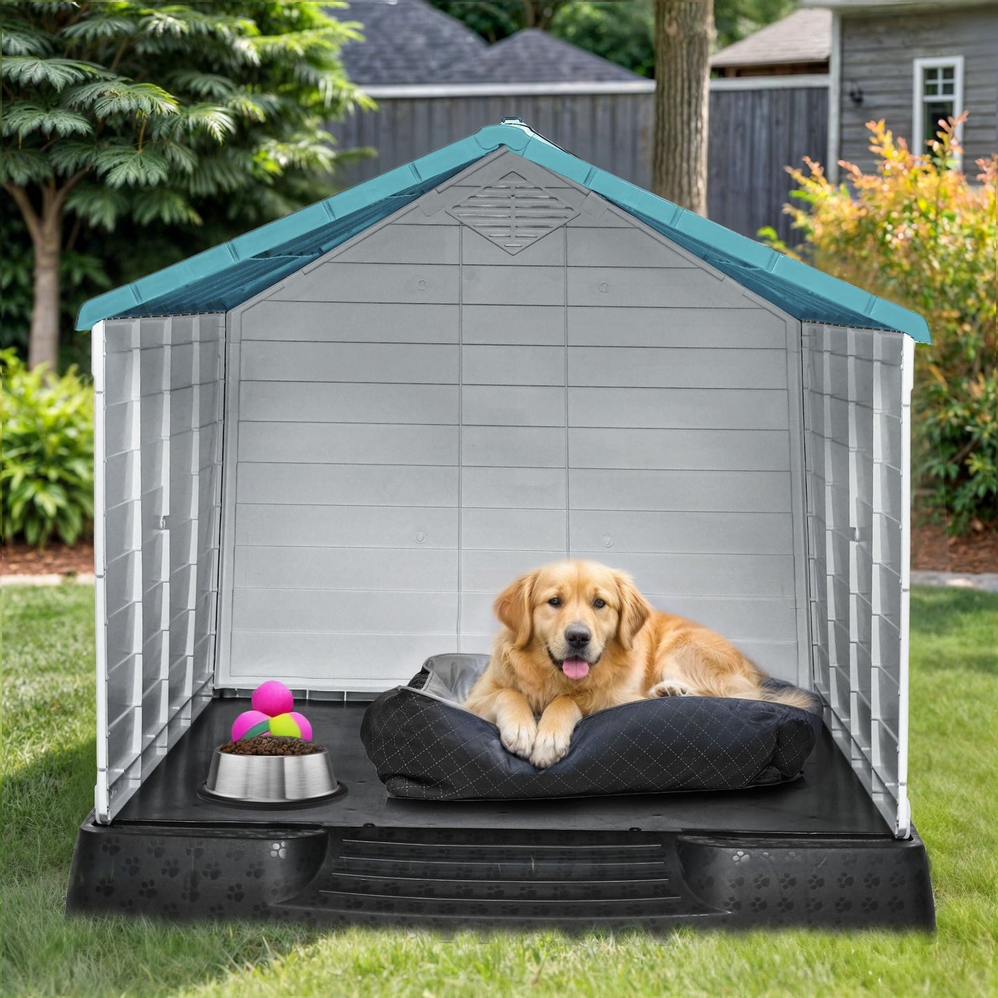 28. 5'' Plastic Dog House Outdoor Indoor Doghouse Puppy Shelter Water Resistant Easy Assembly Sturdy Dog Kennel with Air Vents and Elevated Floor (28. 5''L*26''W*28''H, Blue)