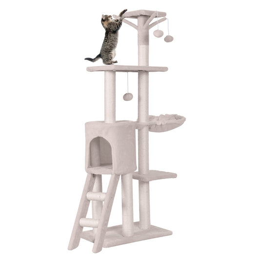 56" Tall Cat Tree, Multi-Layer Cat Tower with Sisal Scratching Posts, Cat Condo & Basket & Perch, Ladder, Pompom Stick, Dangling Balls, Cat Furniture Activity Center for Indoor Cats Kittens