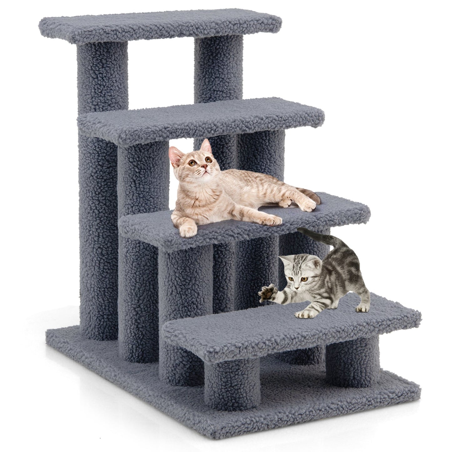 4-Step Pet Stairs for Cats and Dogs, Carpeted Cat Scratching Post Pet Ramp, 24" Indoor Multi-Step Dog Stairs for High Beds, Couch and Sofa, Easy Assembly, Grayish White