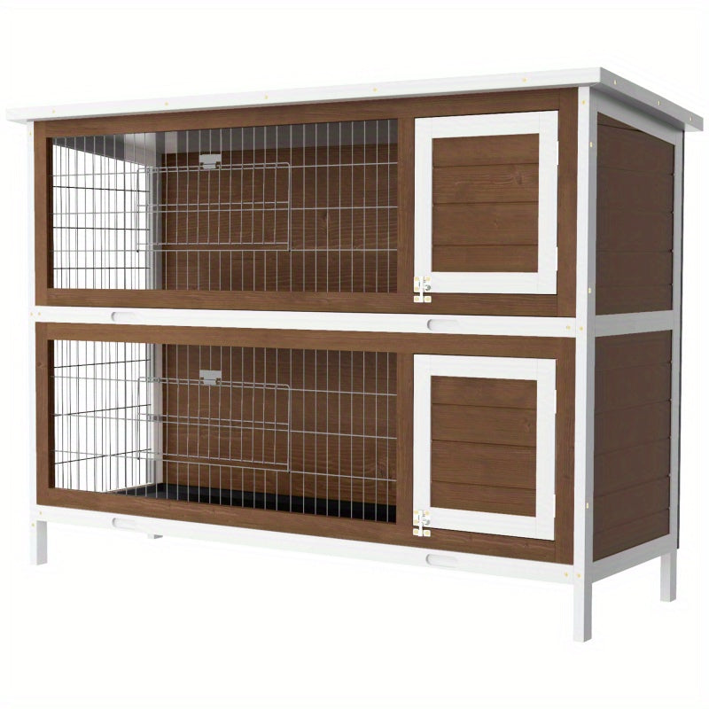 54" 2-Story Large Rabbit Hutch, Wooden Pet House with Synthetic Fiber, Lockable Doors, No Leak Tray, Waterproof Roof for Small Animals, Suitable for Outdoor/Indoor Use