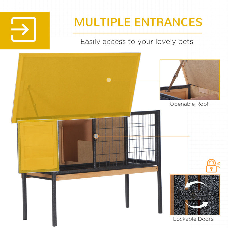 Elevated Rabbit Hutch, Wooden Small Animal Cage with Metal Frame, Openable Water-Resistant Roof, No Leak Tray, Indoor/Outdoor Bunny Habitat