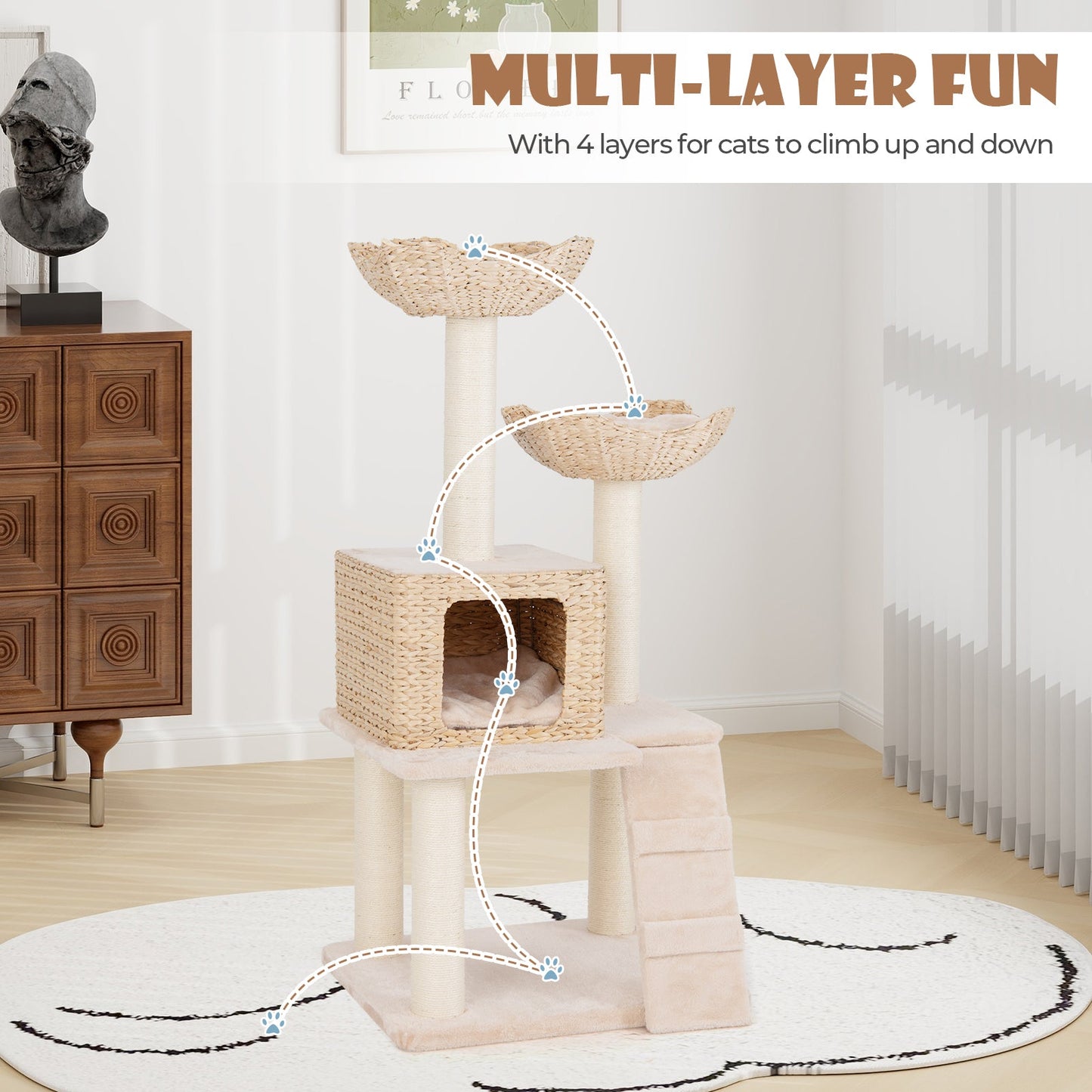 Cat Tree, 48" Cattail Cat Tower w/ Sisal Scratching Posts, Perch, Condo, Basket Bed, Ladder, Washable Cushions, 4-Layer Cat Activity Center, Climbing Furniture for Indoor Kittens & Adult Cats