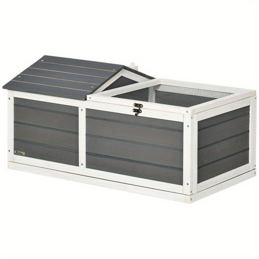 34" Gray Wooden Tortoise Habitat with Hide Shelter & Openable Top - Indoor/Outdoor Enclosure for Small Pets