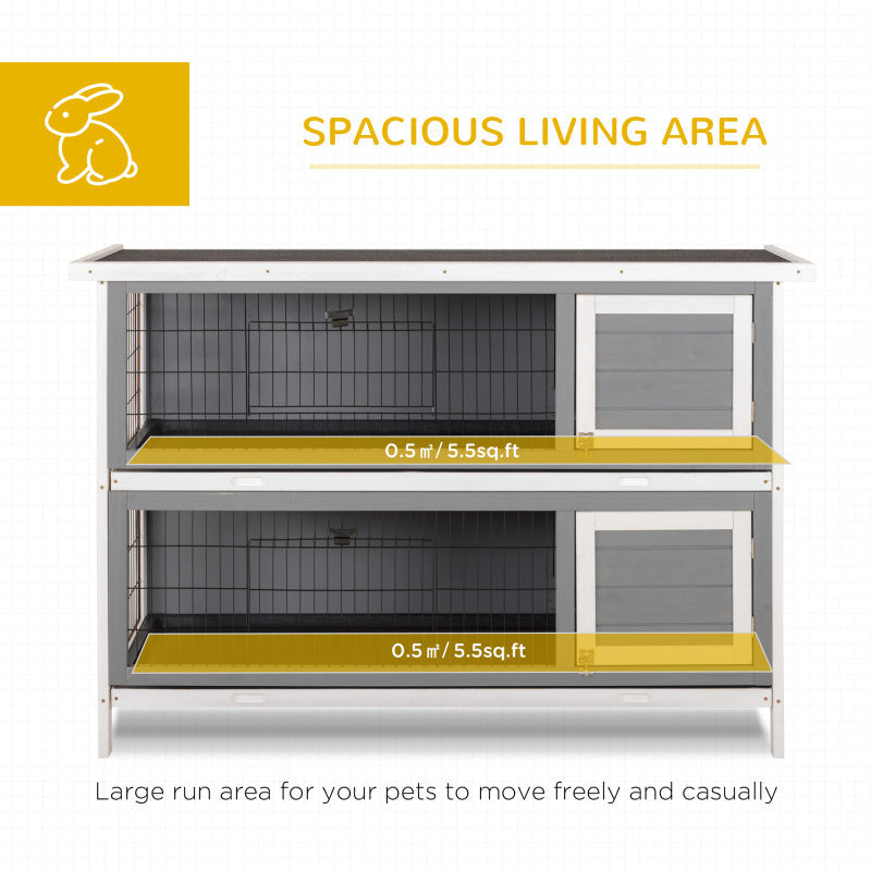 54" 2-Story Large Rabbit Hutch, Wooden Pet House with Synthetic Fiber, Lockable Doors, No Leak Tray, Waterproof Roof for Small Animals, Suitable for Outdoor/Indoor Use - Dark Grey