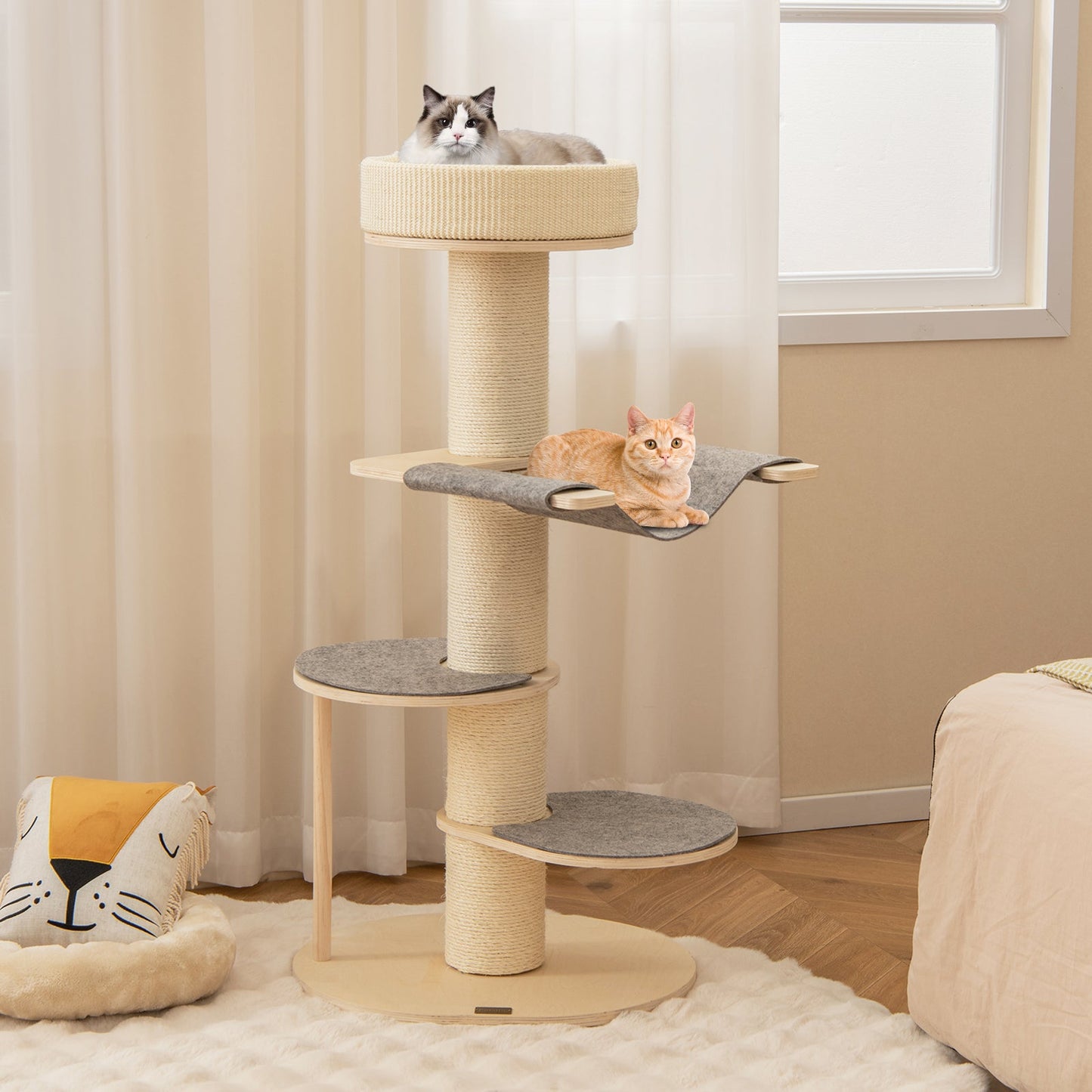 Cat Tree, 47" Multi-layer Cat Tower with Sisal Covered Scratching Posts & Carpet, Padded Top Perch, 2 Jumping Platforms, Hammock, Wooden Cat Activity Center for Indoor Cats