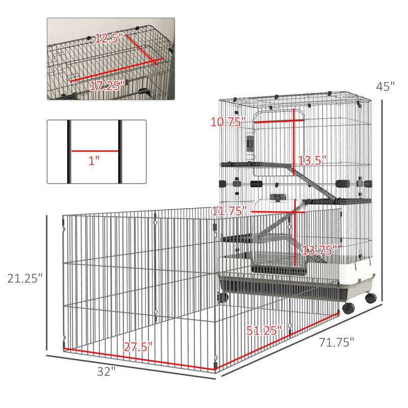 4-Level Small Animal Habitat, Synthetic Fiber, Spacious Portable Cage with Wheels, with Removable Tray Platforms and Ramps, for Chinchilla, Ferret, Bunny, Guinea Pig