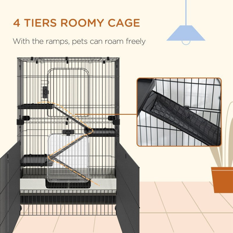 4-Level Small Animal Habitat, Synthetic Fiber, Spacious Portable Cage with Wheels, with Removable Tray Platforms and Ramps, for Chinchilla, Ferret, Bunny, Guinea Pig