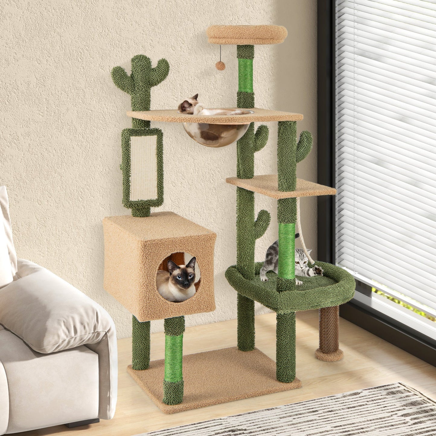 59" Tall Modern Cat Tree, Green Cactus Cat Tower w/ Perch, Condo, Large Bed, Space Capsule, Sisal Scratching Posts & Mat, Self Groomer, Rope, Ball, Multi-Level Activity Tree for Indoor Cats