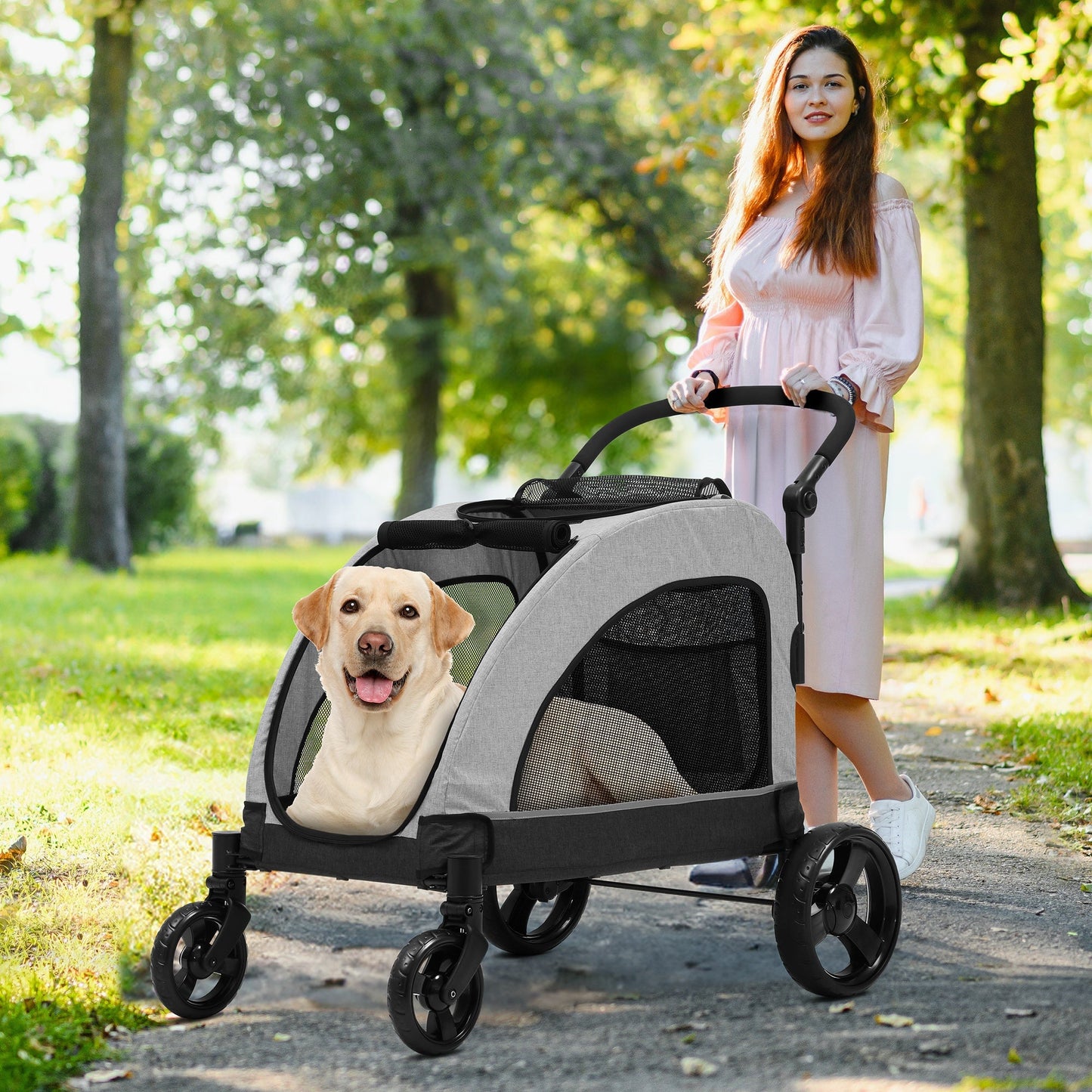 Outdoor Four Wheel Pet Cart Folding Dog Cart Suitable for Large Dogs with Adjustable Handle