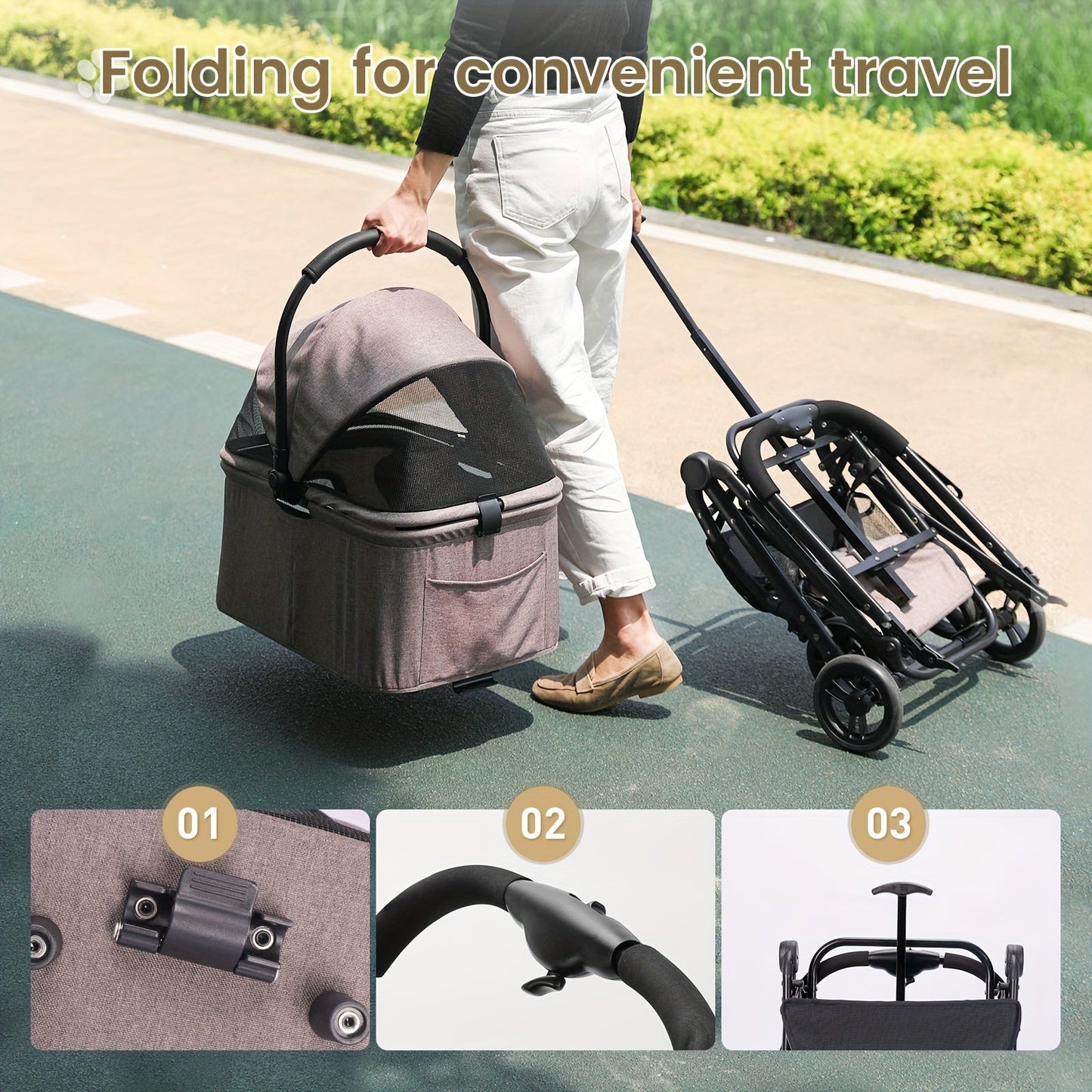 Pet Stroller, 3 In 1 Dog Stroller, Suitable For Small, Medium, Cat, With Removable Strap, Folding Dog Stroller, Suitable For Travel Pet Stroller, (p11 Carrier, Coffee)