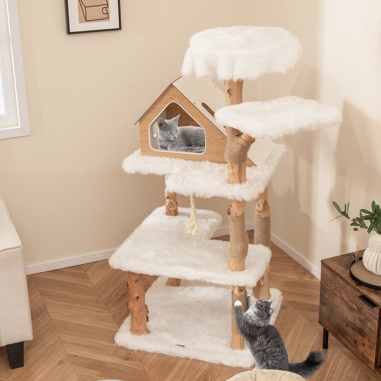 60" Tall Solid Wood Cat Tree, Modern Wooden Cat Tower w/ 2 Perches, Condo, Jute Scratching Posts, Sisal Rope, Soft Long Plush, 5-Layer Activity Center, Indoor Cat & Kitten Climbing Furniture