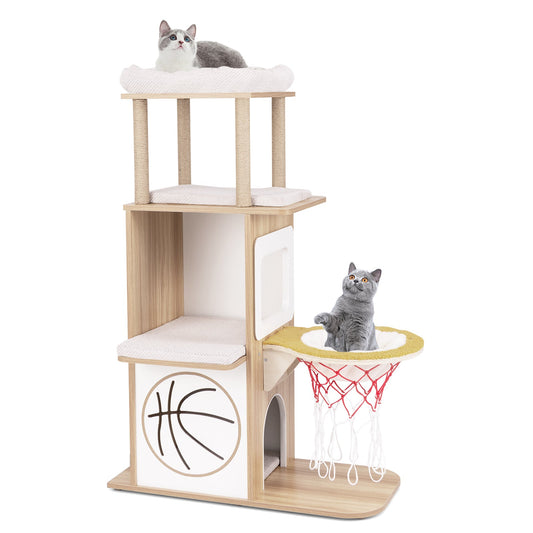 47" Cat Tree, 5-Layer Sports-Themed Cat Tower w/ 2 Cat Condos, Perches, Basketball Hoop Hammock, Jute Scratching Posts, Removable & Washable Cushions, Modern Kitten Activity Center for Indoor Cats