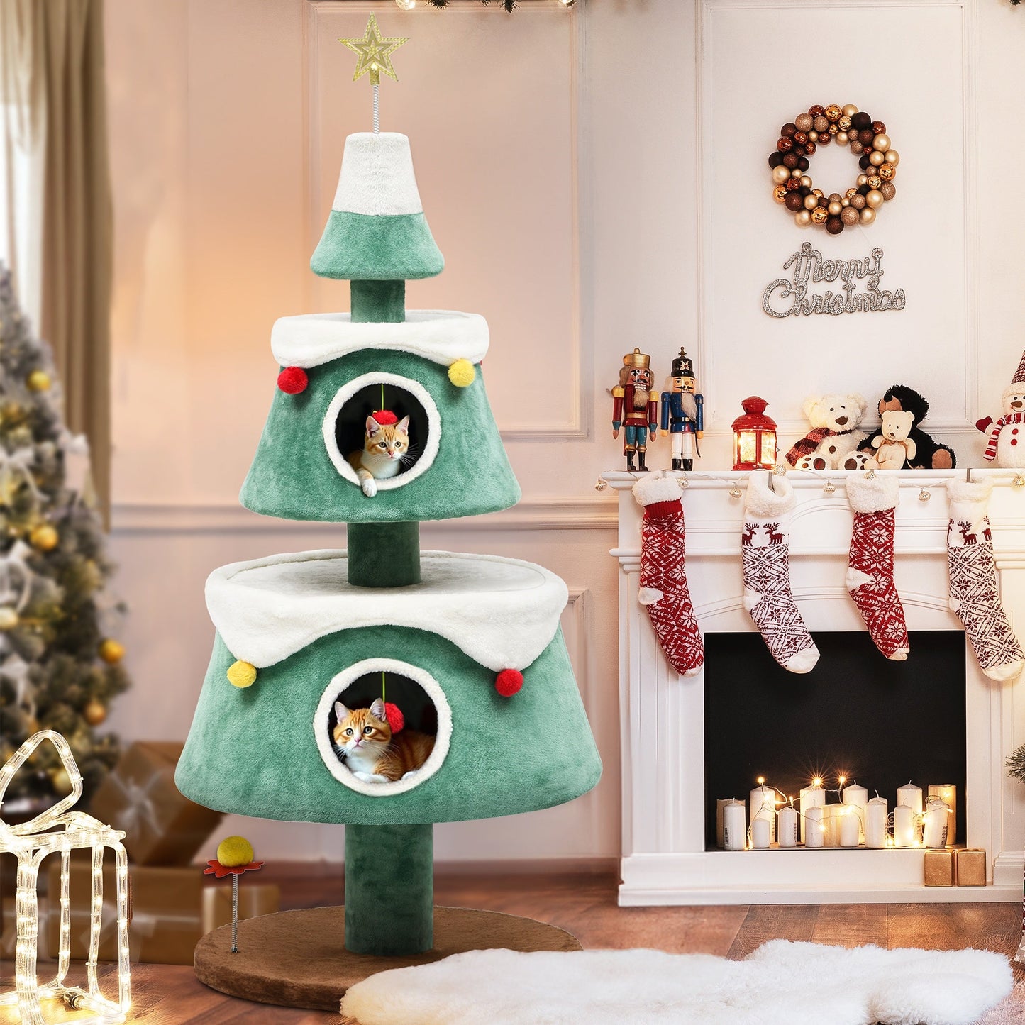 Christmas Cat Tree Tower with Cat House - Polyester Indoor Cat Condo with Play Area and Ornaments - Festive Pet-Friendly Decoration for Camping & Hiking