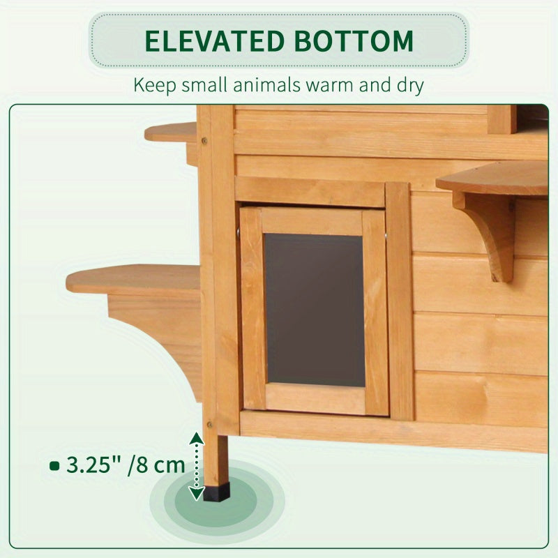 2-story Cat House Outdoor Weatherproof Wooden Cat Enclosure for Feral Cats with Escape Door Openable Roof Jumping Platforms Natural