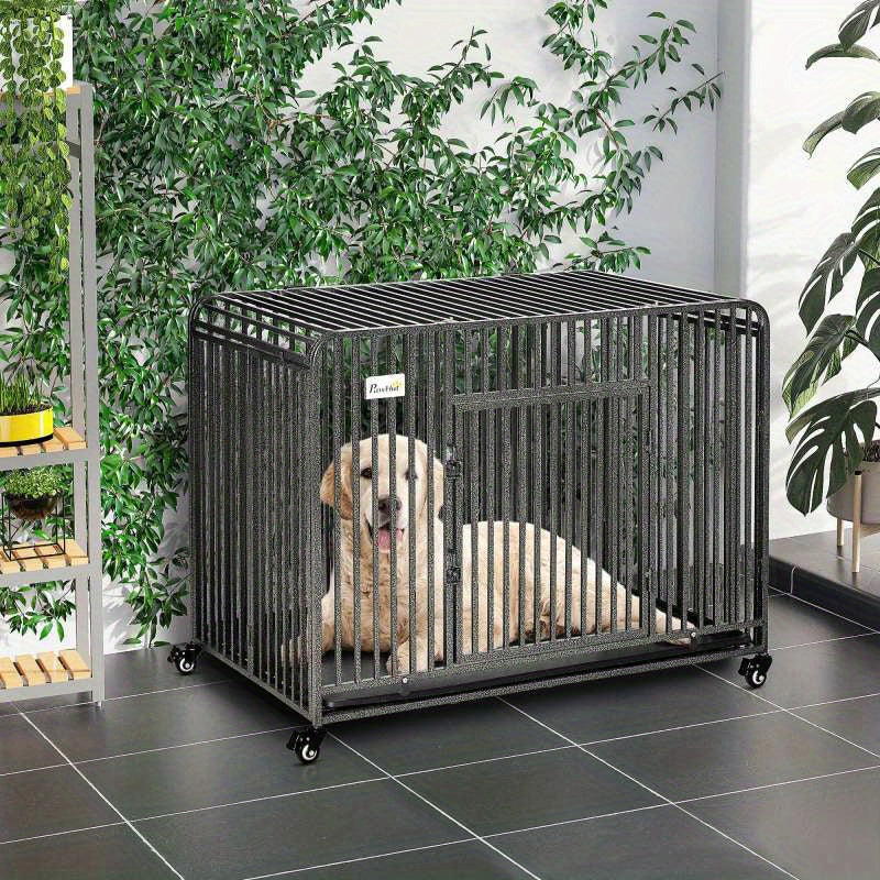 Foldable Heavy Duty Dog Cage with Wheels, Removable Tray, Synthetic Fiber Material, for Large and Medium Dogs - 43 Inches