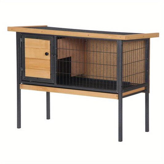 Elevated Rabbit Hutch, Wooden Small Animal Cage with Metal Frame, Openable Water-Resistant Roof, No Leak Tray, Indoor/Outdoor Bunny Habitat