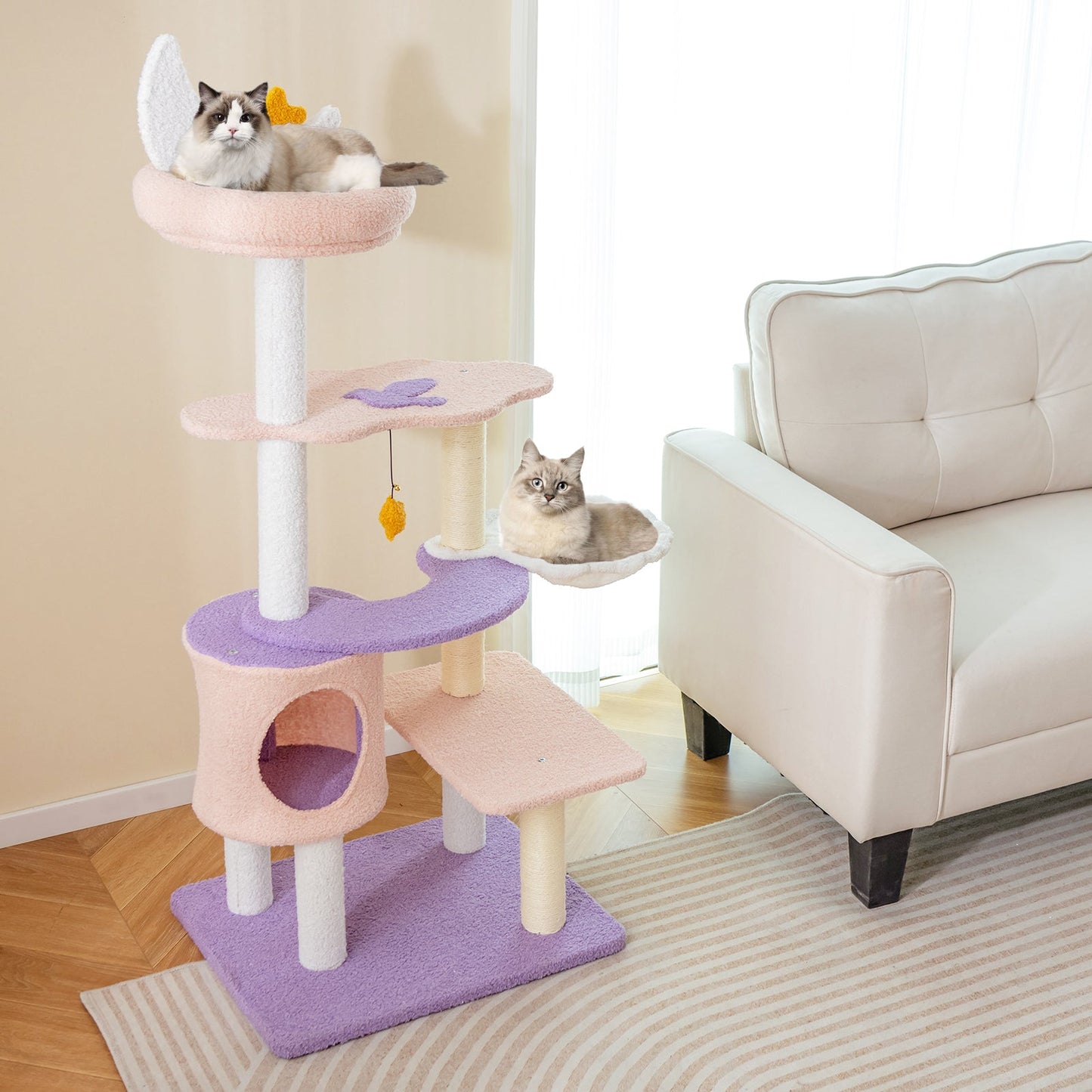 Cute Cat Tree for Indoor Cats, Multi-level Cat Tower w/ Sisal Covered Scratching Posts, Condo, Moon Star Plush Perch, Hammock, Cloud Platforms, Dangling Toys, Kitty Play House Activity Center