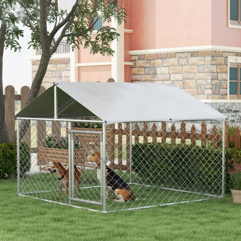 Heavy Duty Outdoor Dog Kennel, 6.6'x6.6'x4.9' Galvanized Chain Link Cage with Waterproof Synthetic Fiber Cover and Secure Lock