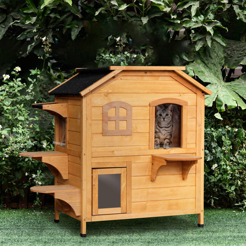 2-story Cat House Outdoor Weatherproof Wooden Cat Enclosure for Feral Cats with Escape Door Openable Roof Jumping Platforms Natural