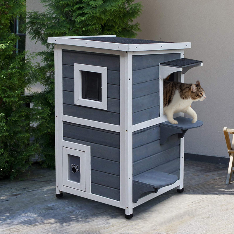 Weatherproof 2-Story Outdoor Cat House with Escape Door - Durable Wooden Feral Shelter, Asphalt Roof, Dark Gray