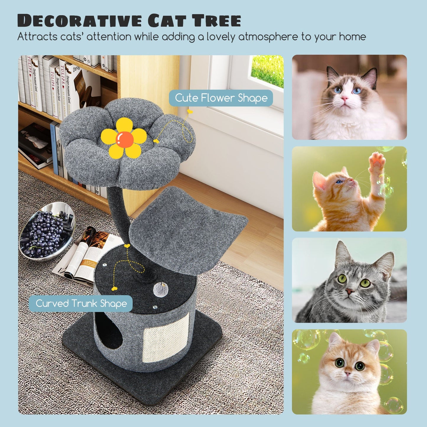 Cat Tree for Indoor Cats, 35" Tall Cat Tower w/ Curved Metal Supporting Frame, Sisal Scratching Board, 2 Perches, Cat Condo, 3-Layer Cat Activity Center, Cat Furniture for Large & Small Cats