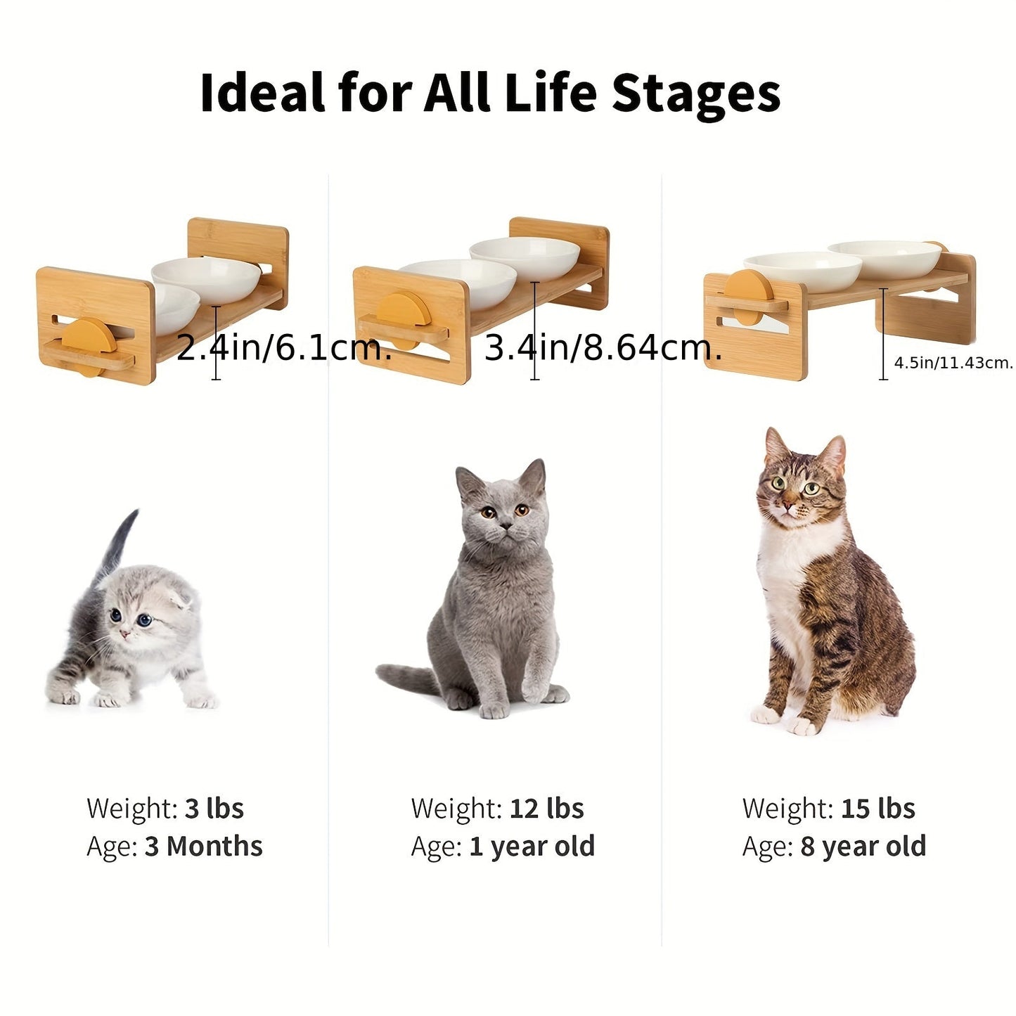 Whisker-Friendly Elevated Cat Bowls - 15° Tilted Raised Water Stand Feeder Set with Solid Bamboo Food Feeding Dishes for Cats, Small Dogs, and Puppies - Easy to Clean, Anti-Slip, and Space-Saving Design