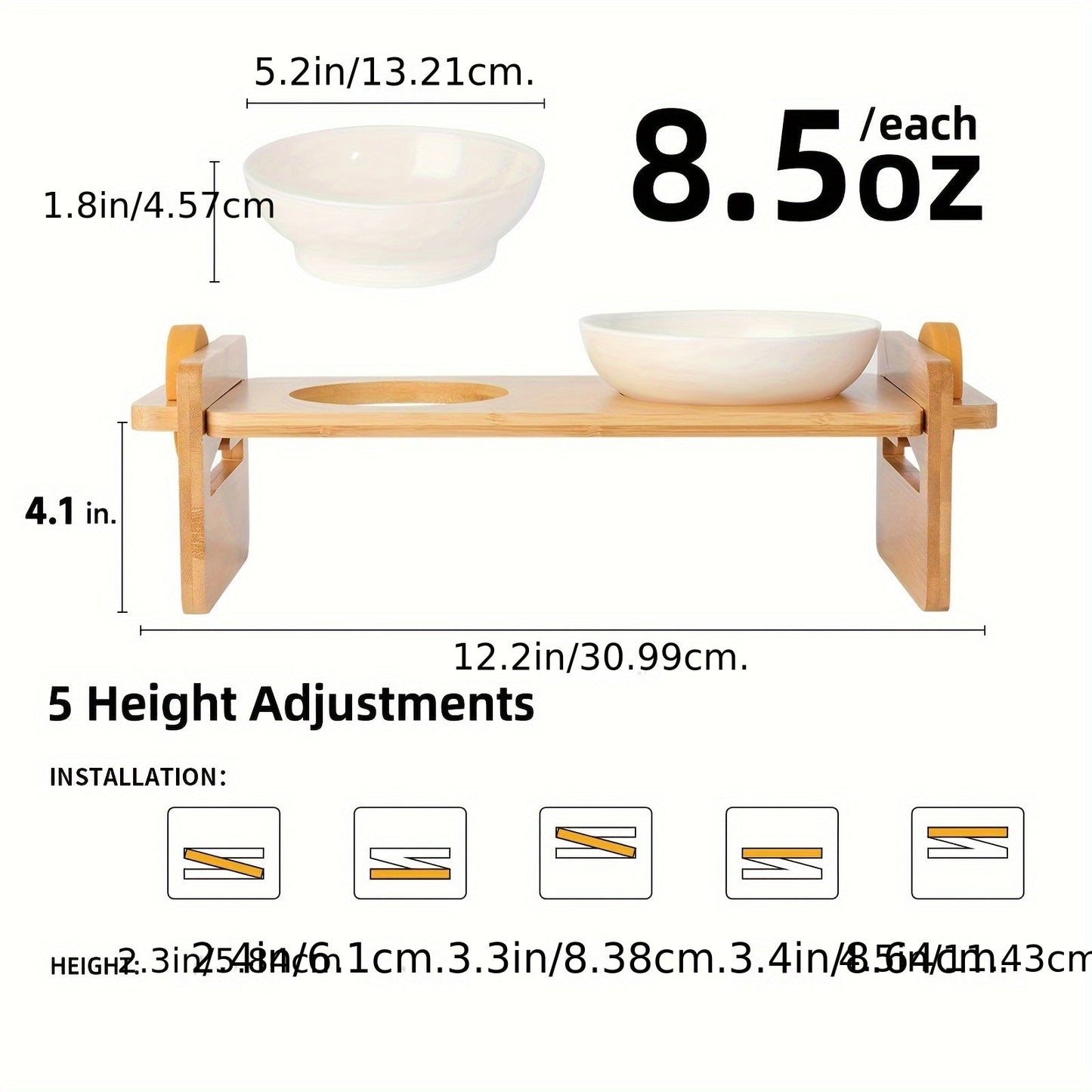 Whisker-Friendly Elevated Cat Bowls - 15° Tilted Raised Water Stand Feeder Set with Solid Bamboo Food Feeding Dishes for Cats, Small Dogs, and Puppies - Easy to Clean, Anti-Slip, and Space-Saving Design