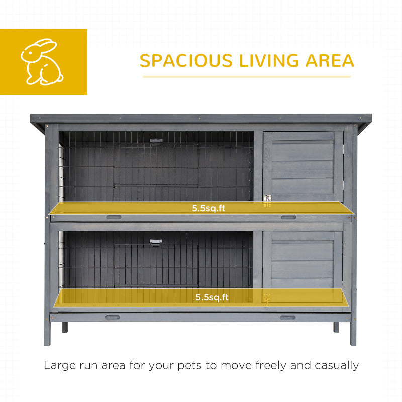 54" 2-Story Large Rabbit Hutch, Wooden Pet House with Synthetic Fiber, Lockable Doors, No Leak Tray, Waterproof Roof for Small Animals, Suitable for Outdoor/Indoor Use - Grey