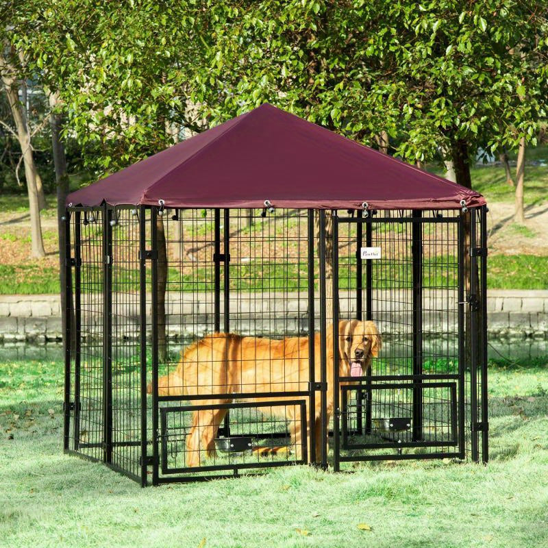 5'x5'x5' Dog Kennel Outdoor, Walk-In Pet Playpen with Rotating Water Bowls, Welded Wire Steel Fence, Water- and UV-Resistant Canopy, Synthetic Fiber Material, Black and Red