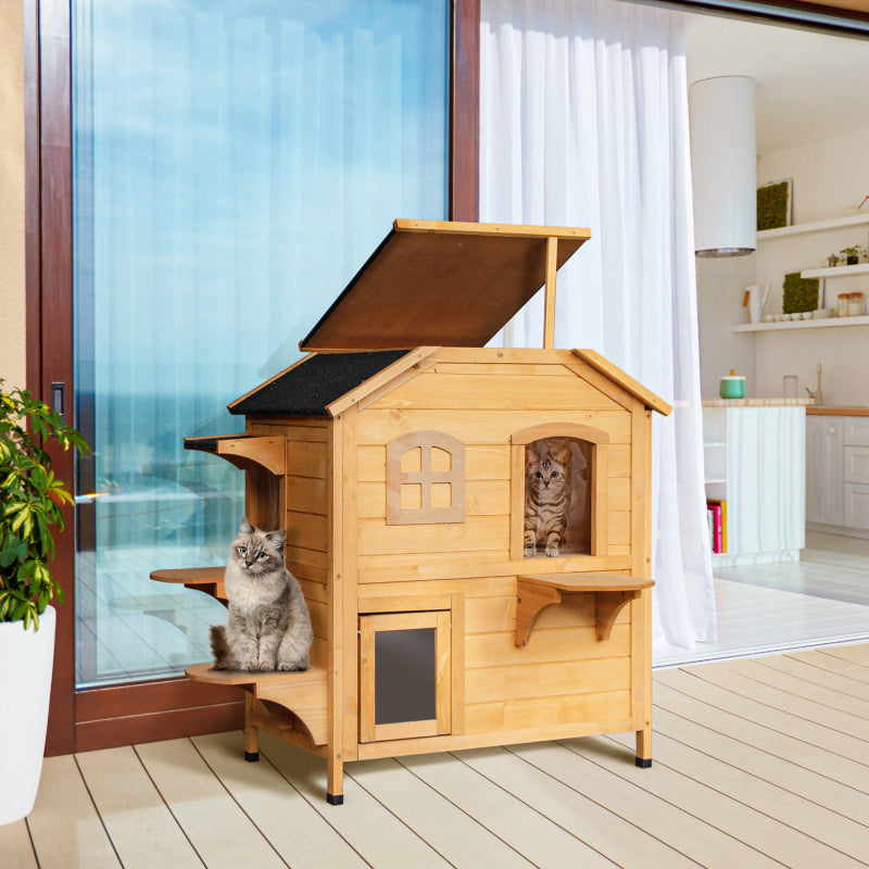 2-story Cat House Outdoor Weatherproof Wooden Cat Enclosure for Feral Cats with Escape Door Openable Roof Jumping Platforms Natural