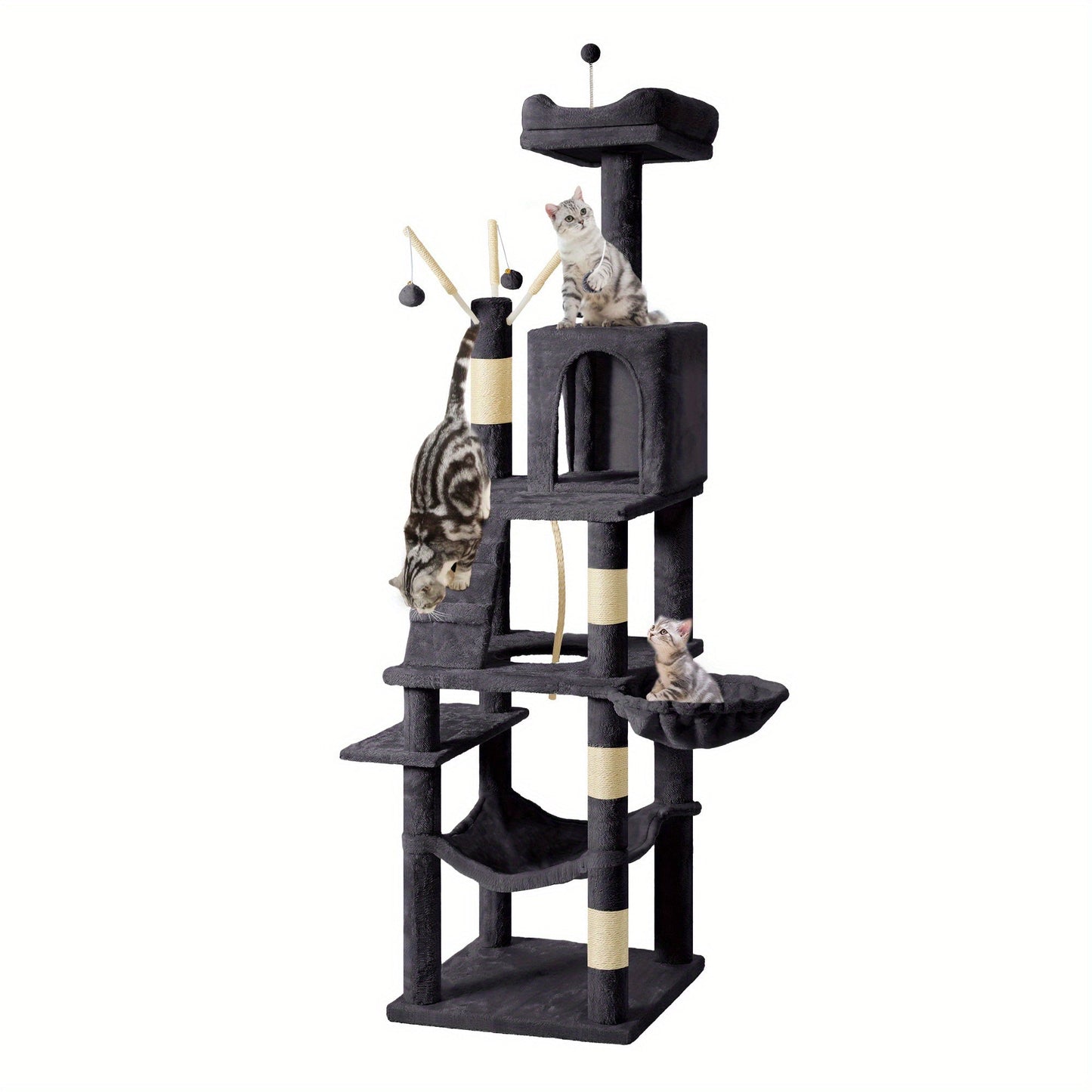 64. 5" Cat Tree, Multi- Level Cat House, Large Cat Condo Furniture with Perch Hammock, Scratching Posts and Dangling Balls for Kittens, Cats and Pets