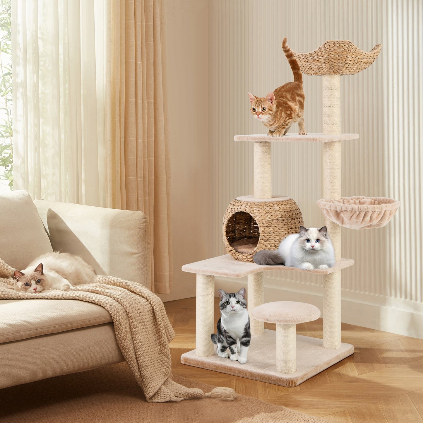 Cat Tree, 59" Cattail Cat Tower w/ Sisal Scratching Posts, Perch, Condo, Soft Hammock, Washable Cushions, 5-Layer Climbing Cat Activity Center, Cat Furniture for Indoor Kittens & Adult Cats