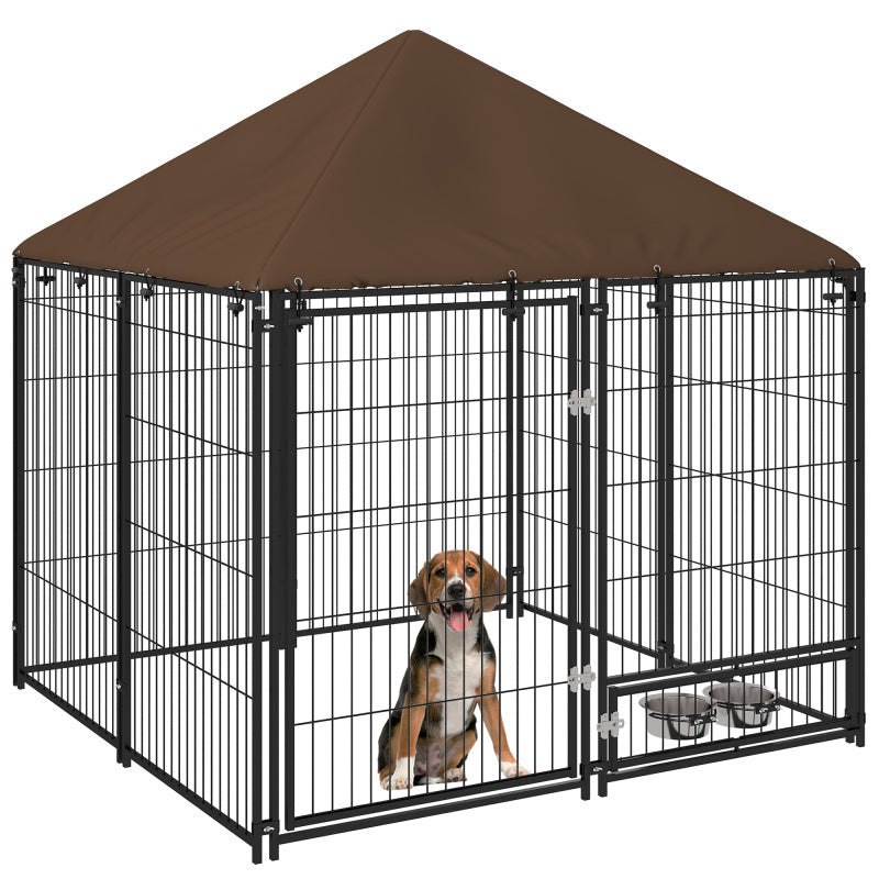 Deluxe 4.6' x 5' Outdoor Dog Kennel with Canopy - Durable Synthetic Fiber, Rotating Bowl Included, Perfect for Small Pets