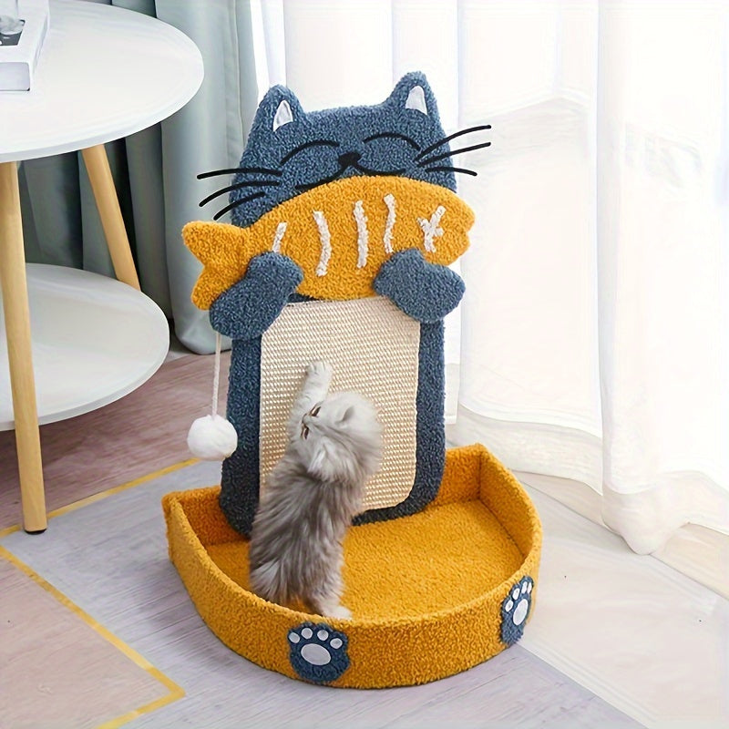 Cat Scratching Post with Fish Climbing Frame, Wall-Mounted Sisal Rope Scratcher and Cozy Bed - Durable Play and Rest Station for Cats with Plush Ball