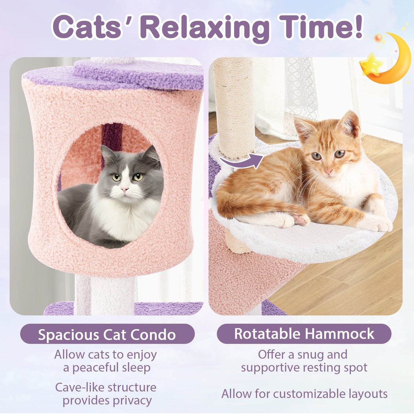 Cute Cat Tree for Indoor Cats, Multi-level Cat Tower w/ Sisal Covered Scratching Posts, Condo, Moon Star Plush Perch, Hammock, Cloud Platforms, Dangling Toys, Kitty Play House Activity Center