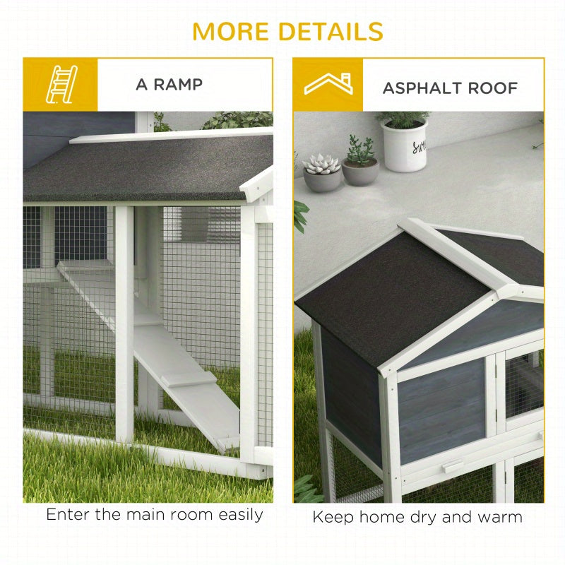 58" Wooden Rabbit Hutch, Small Animal Enclosure with Removable Tray, Asphalt Roof, Lockable Doors, and Ramp, Gray Guinea Pig Cage with Run Area