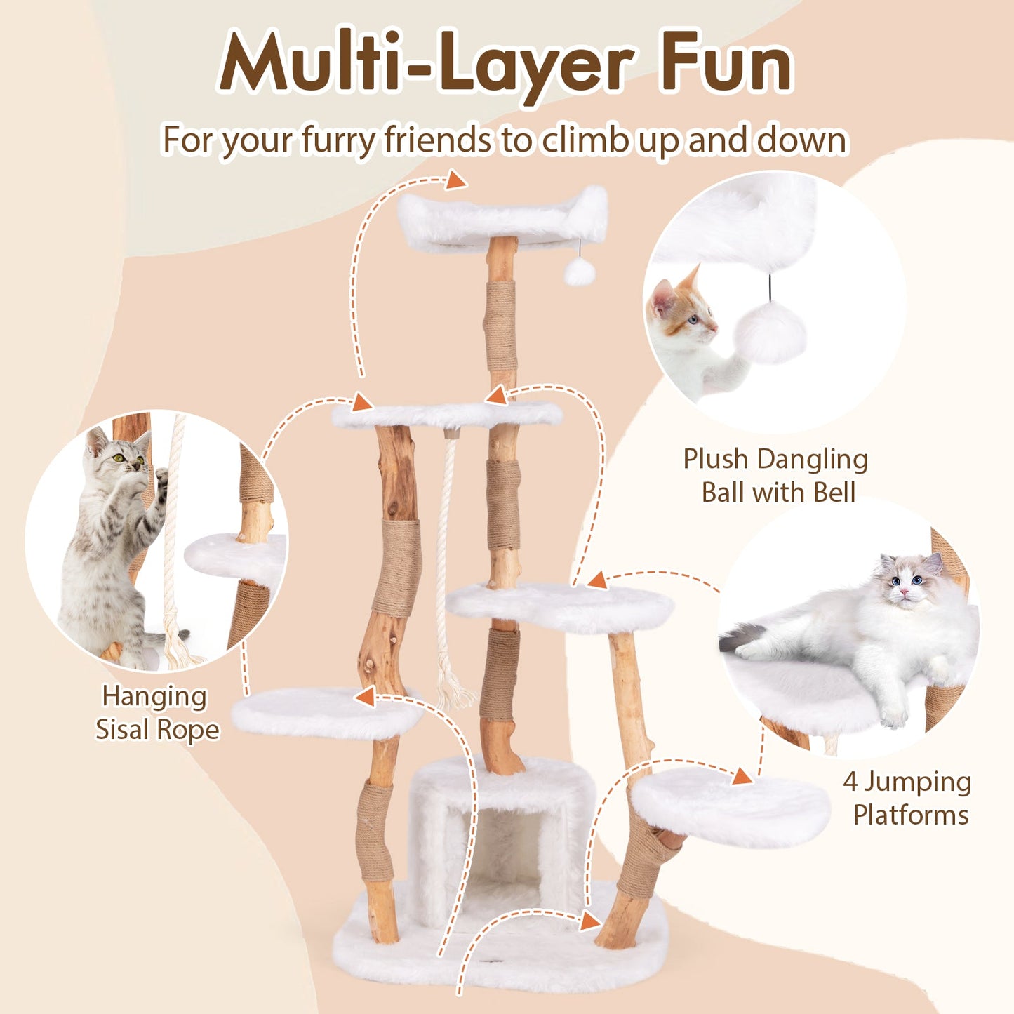 66" Tall Solid Wood Cat Tree, Modern Wooden Cat Tower w/ Perch, Condo, Jute Scratching Posts, Sisal Rope, Dangling Ball, Soft Long Plush, 6-Tier Activity Center, Indoor Cat & Kitten Furniture