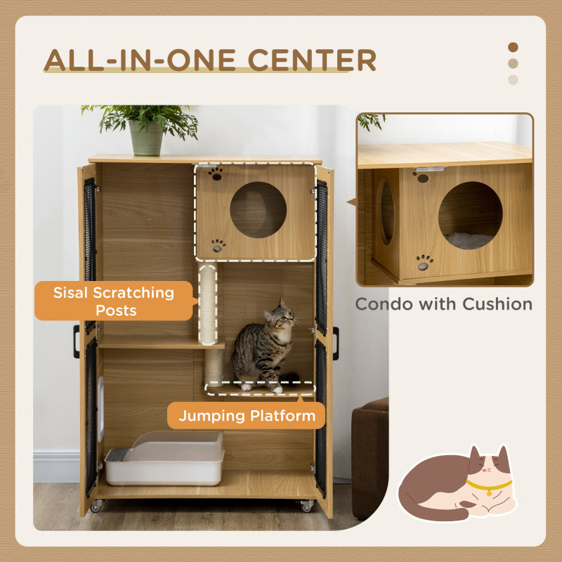 Oak Finish Cat House with Wheels - Indoor Cat Condo with Scratching Posts, Flap Door, and Cushioned Interior, Synthetic Fiber Material, 31.5" x 20" x 48.5" Catio Villa