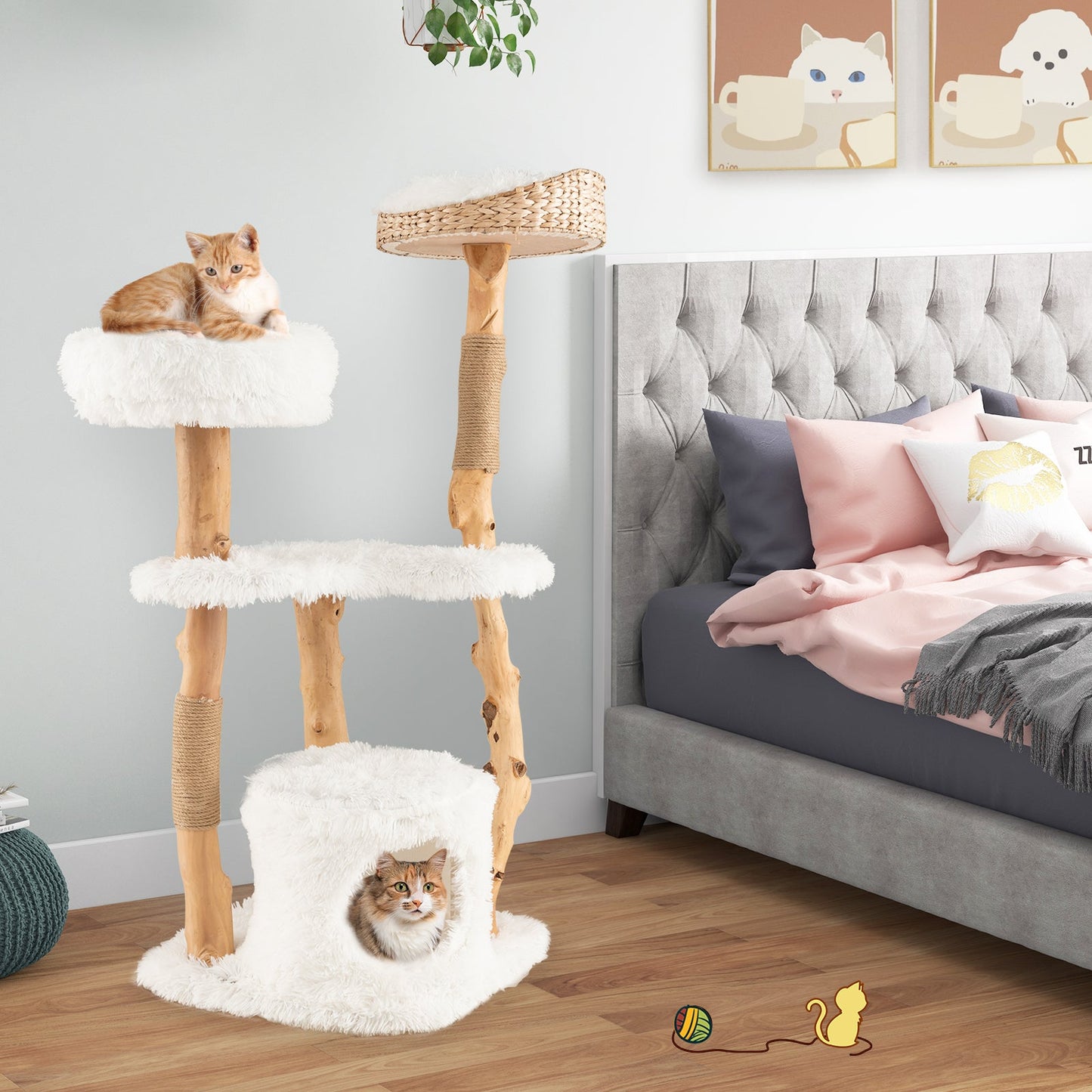 49" Multi-Layer Cat Tree, Solid Wood Cat Tower w/ Top Cattail Basket Cat Bed, Side Perch, Large Platform & Cat Condo, Natural Branch Cat Activity Center w/ Jute Scratching Posts for Indoor Cats