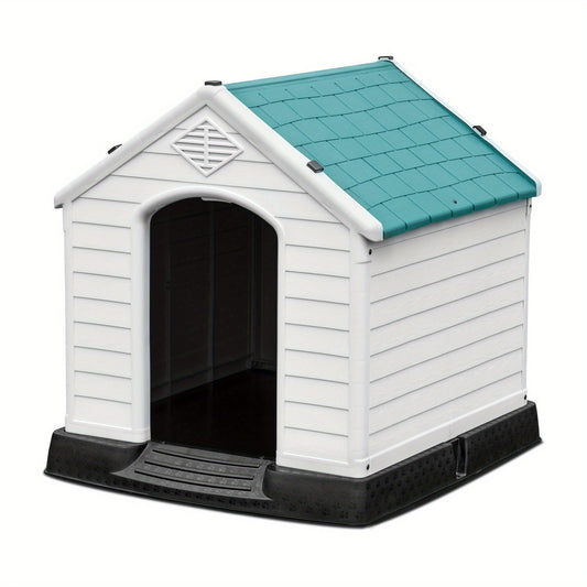 28. 5'' Plastic Dog House Outdoor Indoor Doghouse Puppy Shelter Water Resistant Easy Assembly Sturdy Dog Kennel with Air Vents and Elevated Floor (28. 5''L*26''W*28''H, Blue)