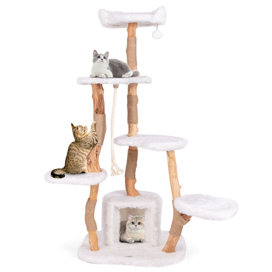 66" Tall Solid Wood Cat Tree, Modern Wooden Cat Tower w/ Perch, Condo, Jute Scratching Posts, Sisal Rope, Dangling Ball, Soft Long Plush, 6-Tier Activity Center, Indoor Cat & Kitten Furniture