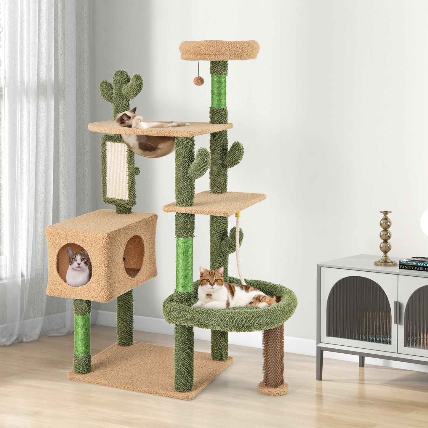 59" Tall Modern Cat Tree, Green Cactus Cat Tower w/ Perch, Condo, Large Bed, Space Capsule, Sisal Scratching Posts & Mat, Self Groomer, Rope, Ball, Multi-Level Activity Tree for Indoor Cats