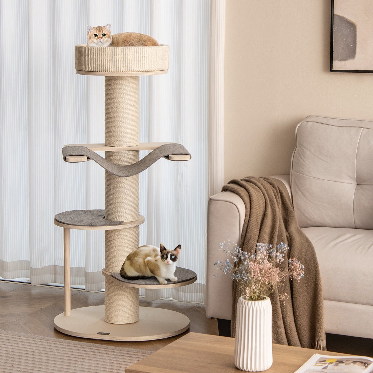 Cat Tree, 47" Multi-layer Cat Tower with Sisal Covered Scratching Posts & Carpet, Padded Top Perch, 2 Jumping Platforms, Hammock, Wooden Cat Activity Center for Indoor Cats