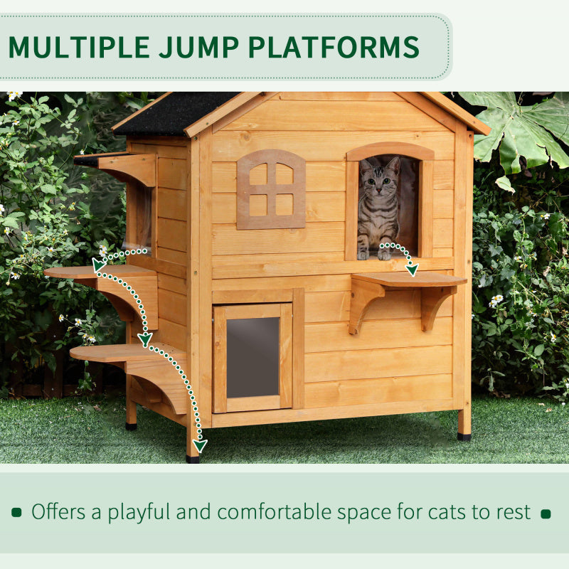 2-story Cat House Outdoor Weatherproof Wooden Cat Enclosure for Feral Cats with Escape Door Openable Roof Jumping Platforms Natural