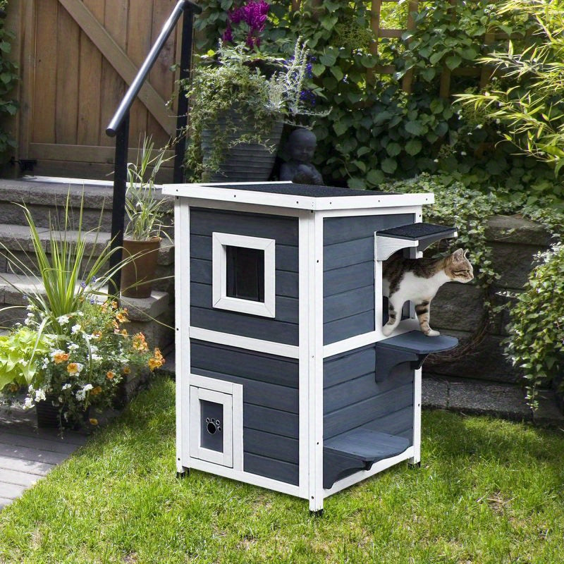 Weatherproof 2-Story Outdoor Cat House with Escape Door - Durable Wooden Feral Shelter, Asphalt Roof, Dark Gray