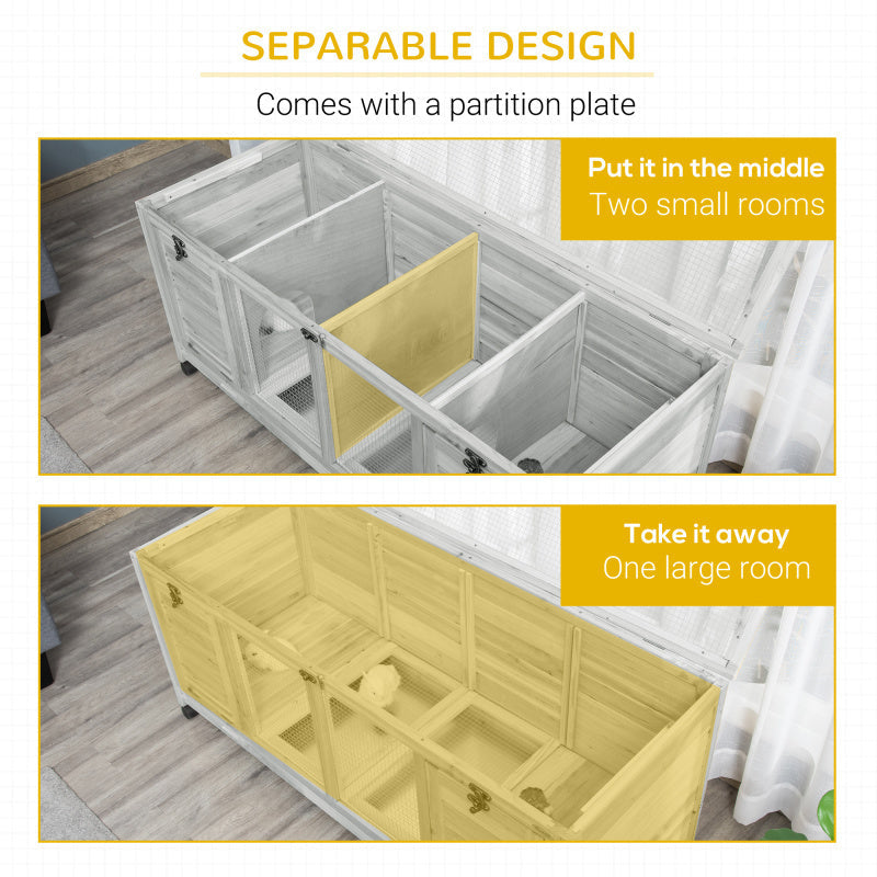 Wooden Rabbit Hutch with Wheels, Openable Roof, Removable Trays, and Dividers - Indoor/Outdoor Small Animal Cage for 1-2 Rabbits