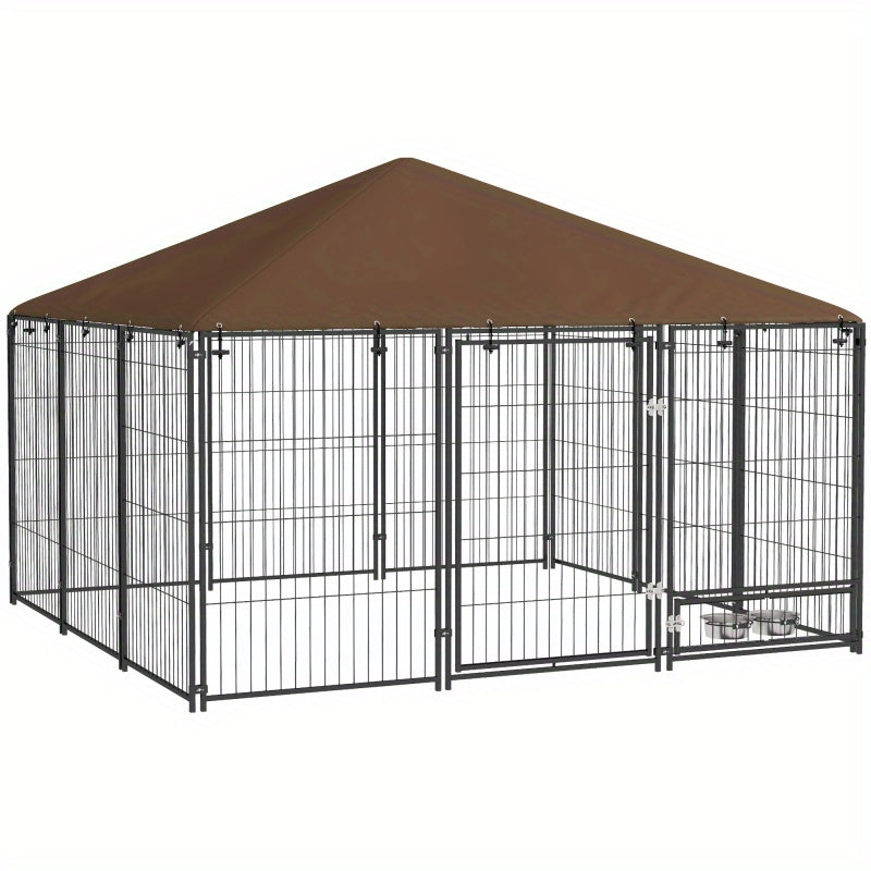 Deluxe 6.9' x 5' Outdoor Dog Kennel with Canopy - Durable Synthetic Fiber, Includes Rotating Bowl & Coffee Cup Design