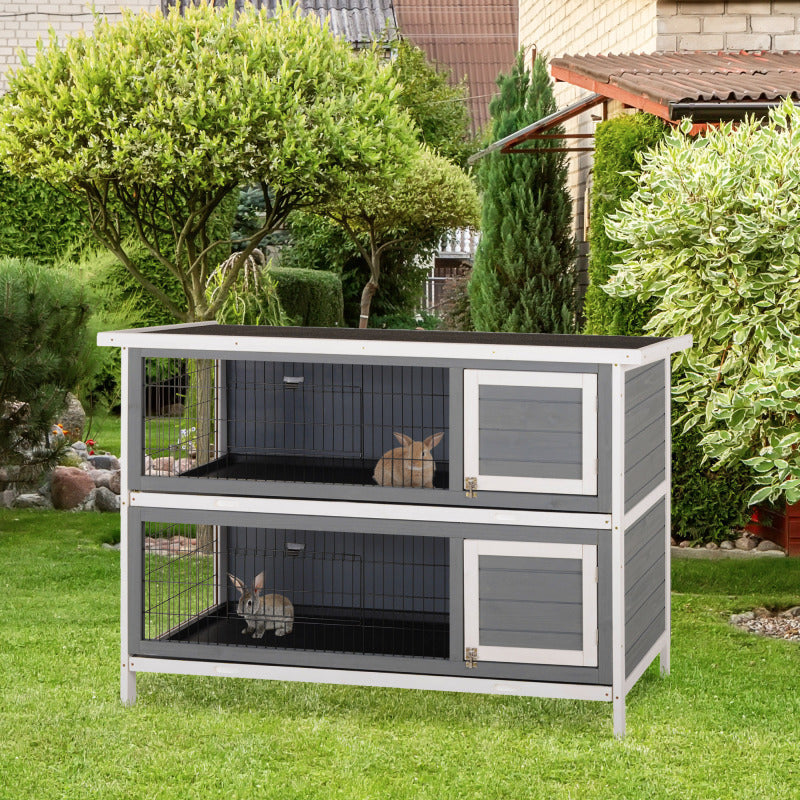 54" 2-Story Large Rabbit Hutch, Wooden Pet House with Synthetic Fiber, Lockable Doors, No Leak Tray, Waterproof Roof for Small Animals, Suitable for Outdoor/Indoor Use - Dark Grey